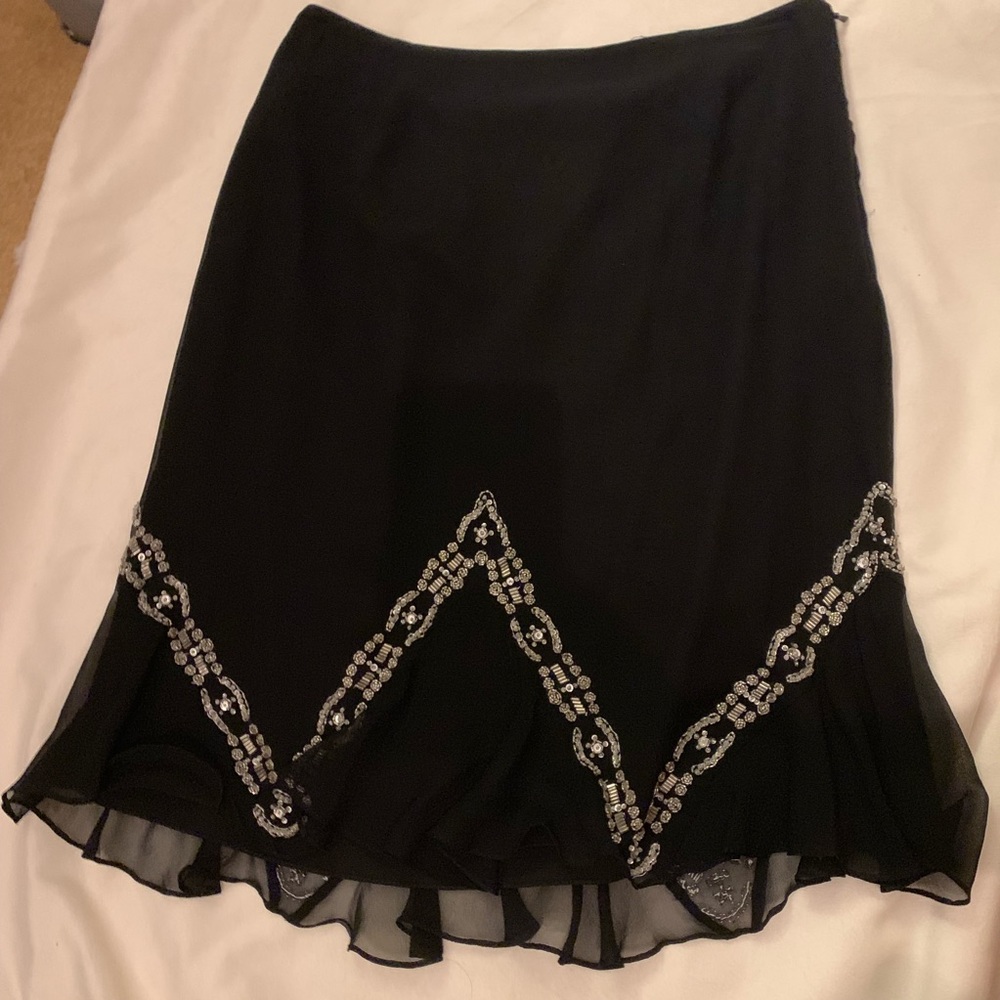 cache | black silk silver beaded skirt